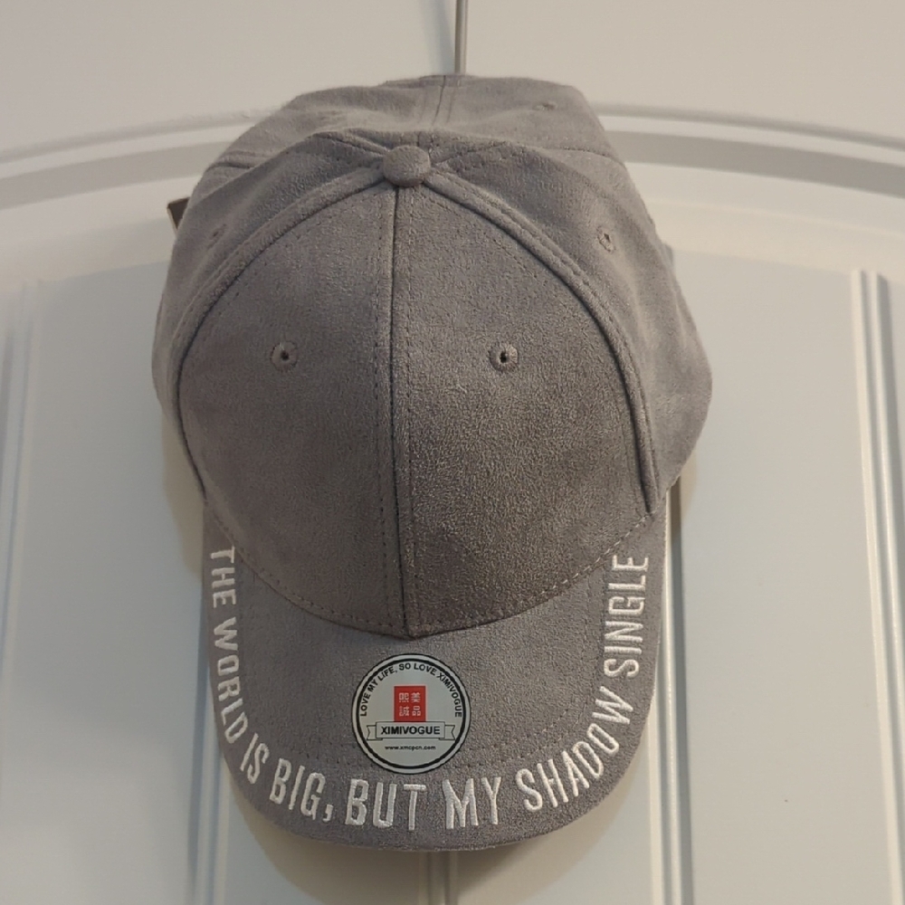 Gray Suede Cap with Embroidered Text